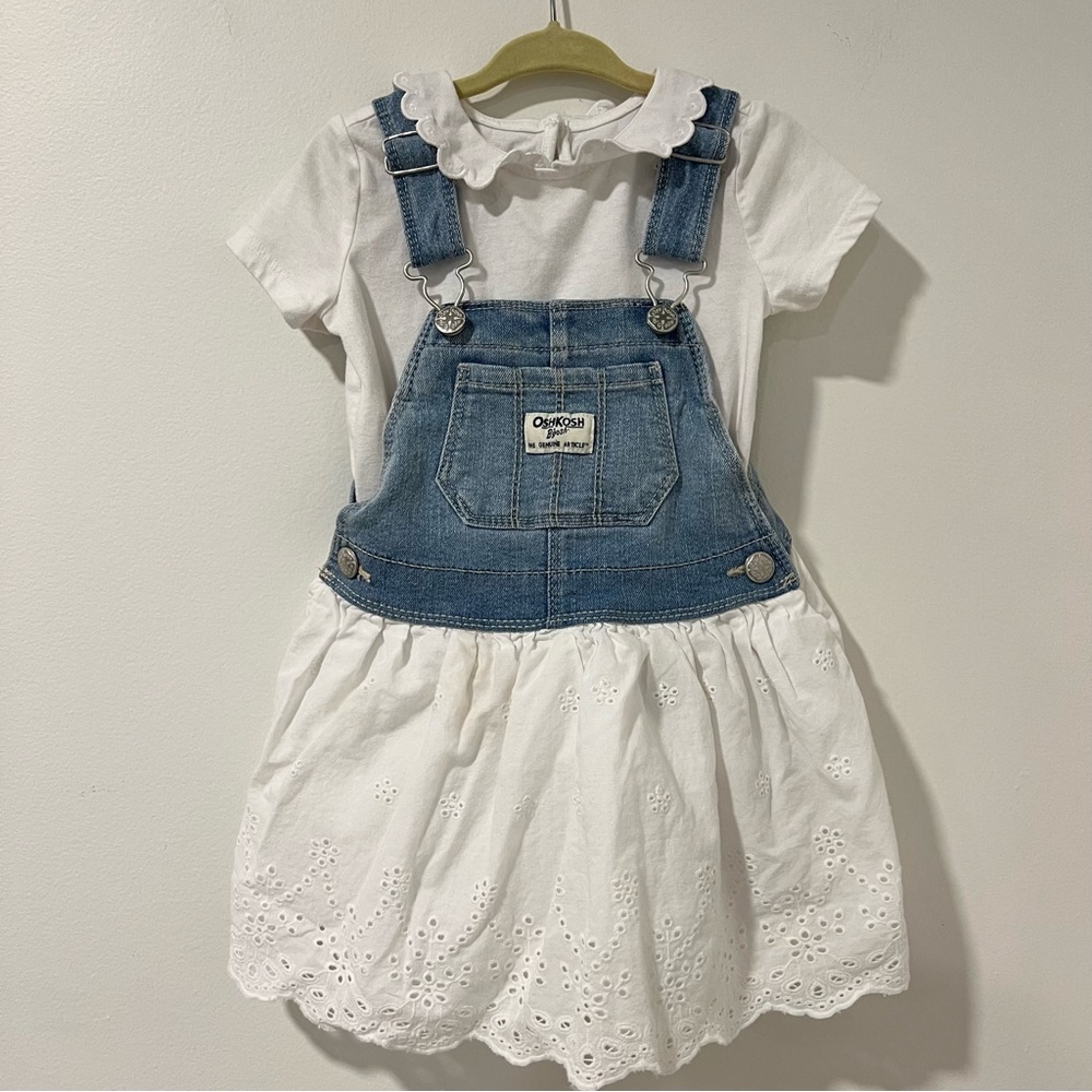 Osh Kosh B'Gosh Toddler Girl Blue Jean White Eyelet Bib Overall Dress Size 2T